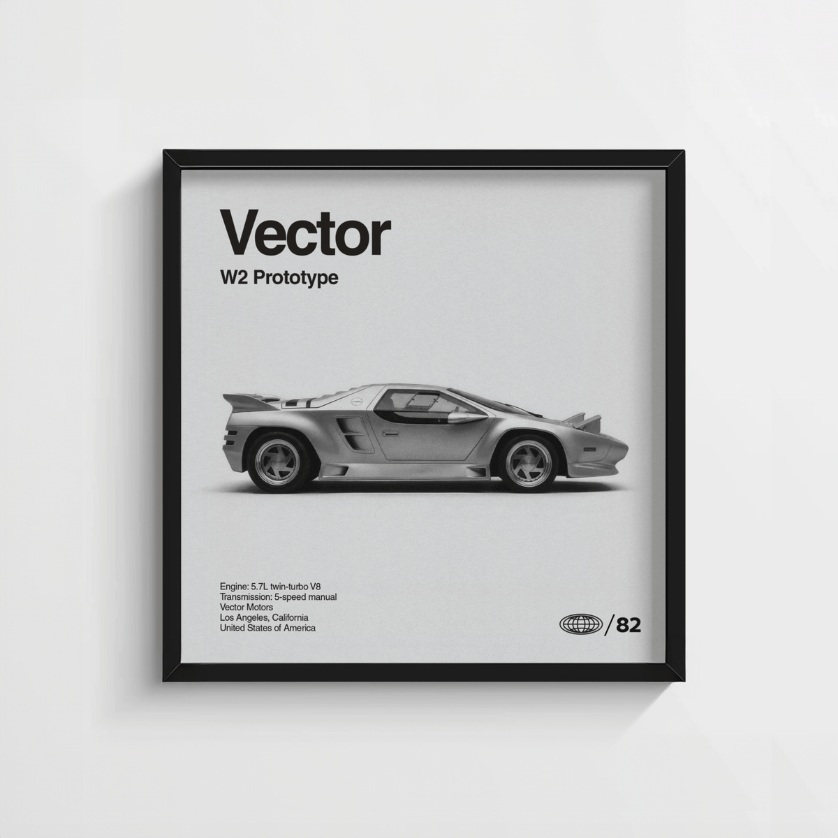 1980s Prototype Supercar Poster framed close-up of a minimalist Vector W2 prototype car in black and white