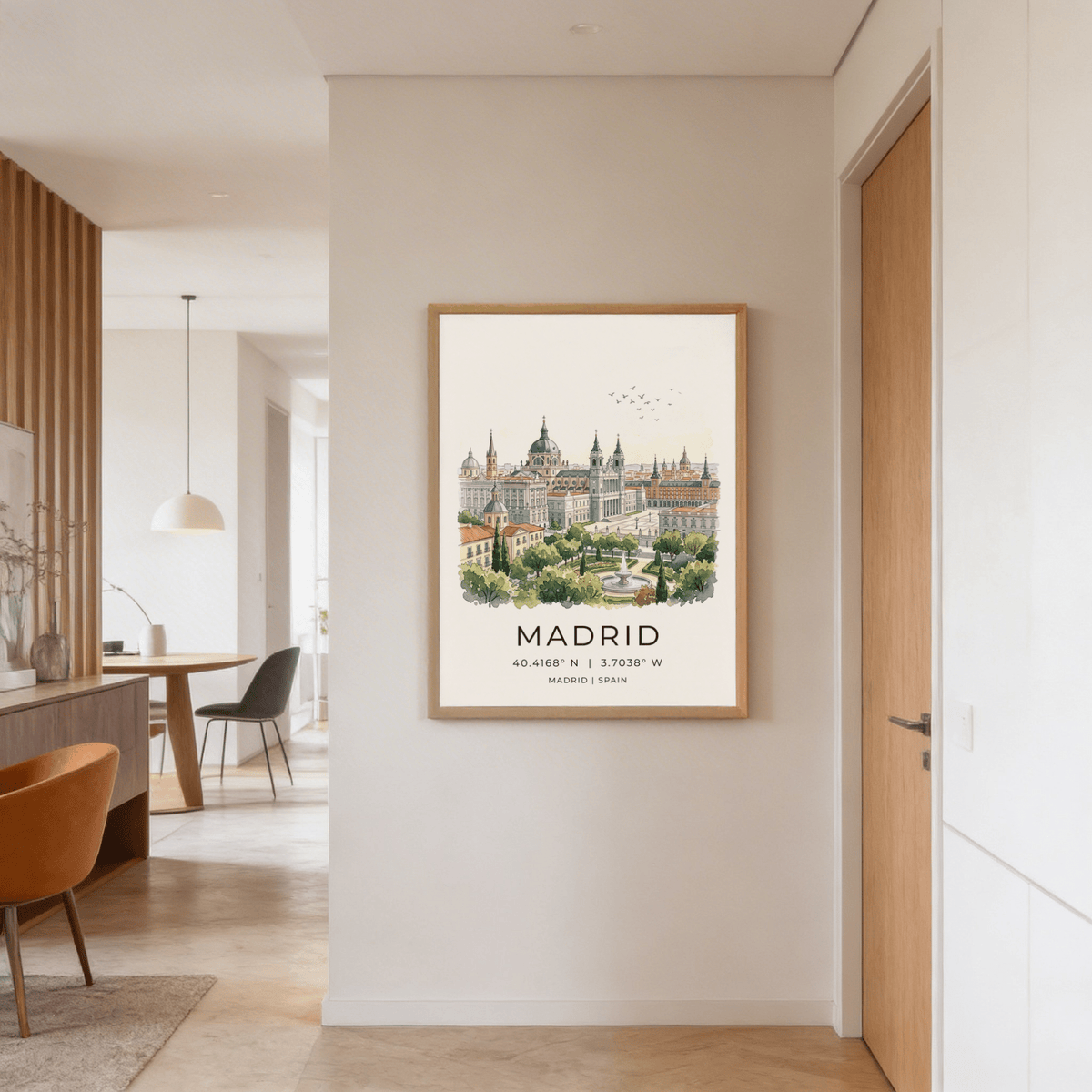 Madrid Cityscape Art Print in watercolour and line-art style on a hallway wall near a wooden door