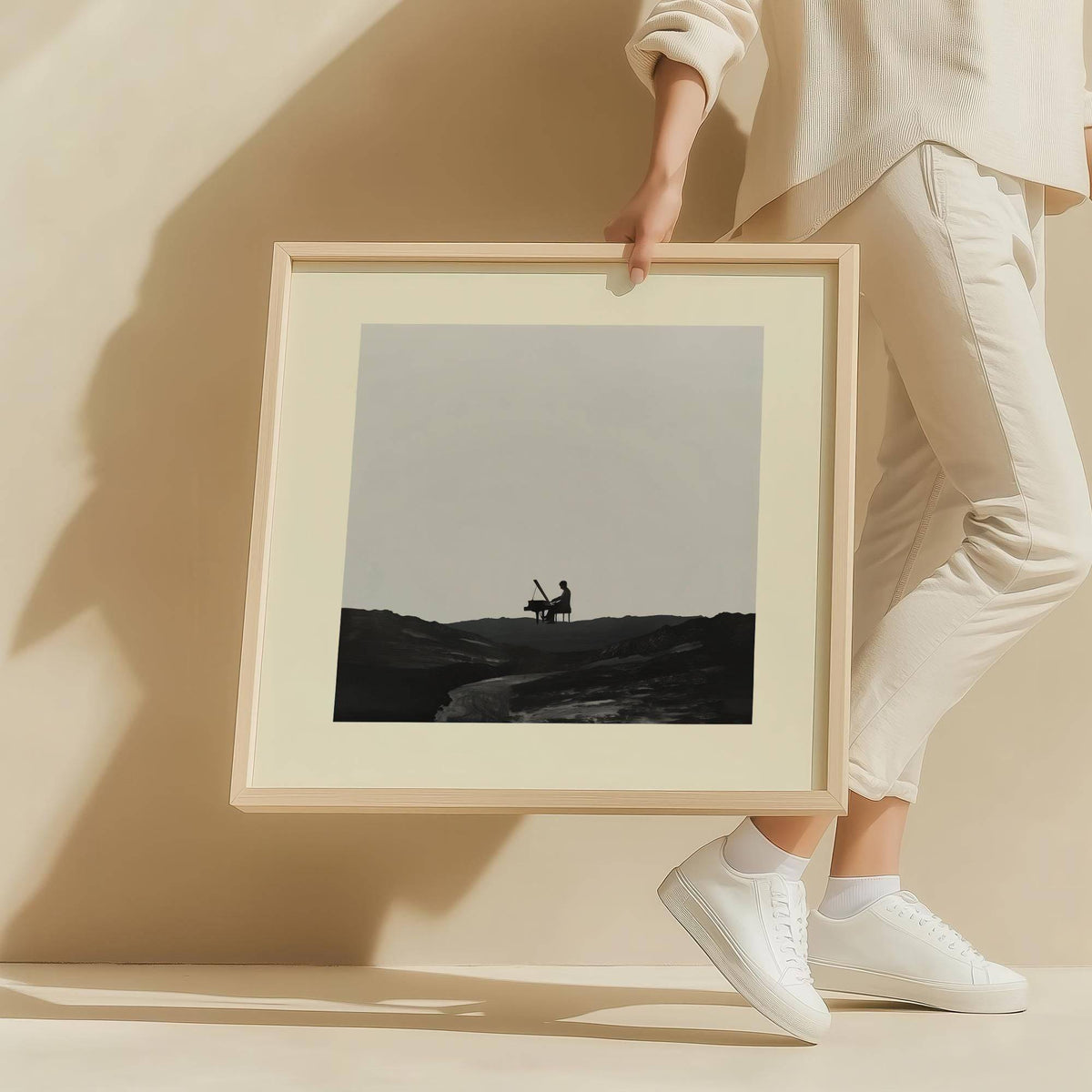 Framed print of Piano Abstract Art showing a silhouette of a person playing piano in black and grey held by a person