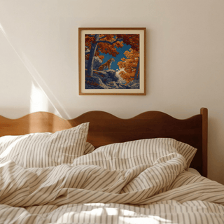 Hasui Kawase Tiger Art Print above a wooden bed with striped bedding in a bedroom