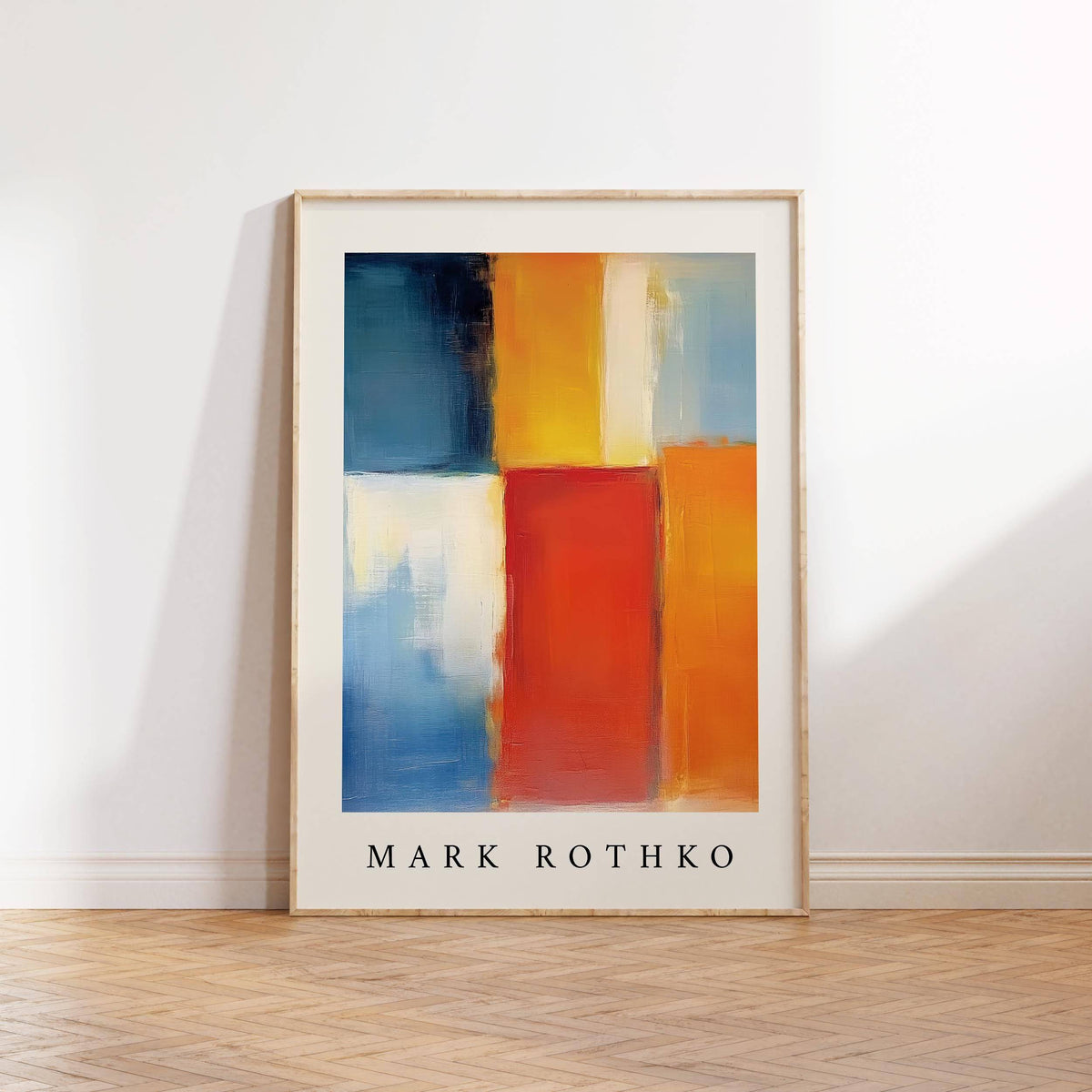 Framed Mark Rothko Orange Red and Yellow close-up showing abstract blocks of blue, yellow, red and orange on a wooden floor