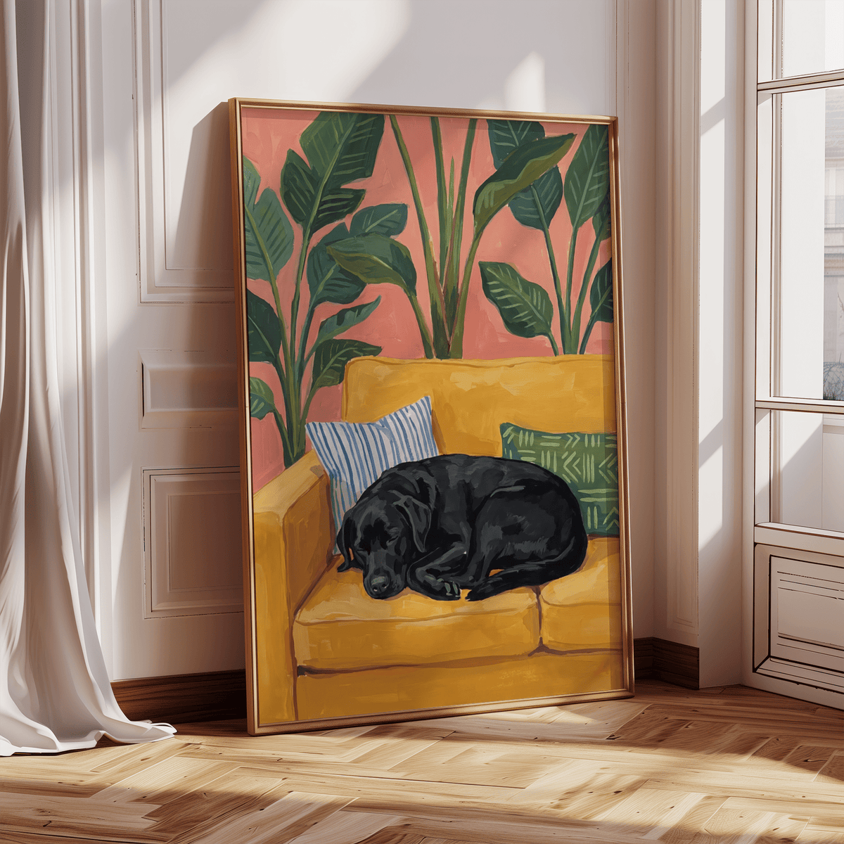 Black Lab wall art with a black dog on a yellow sofa and green plants leaning on wooden floor