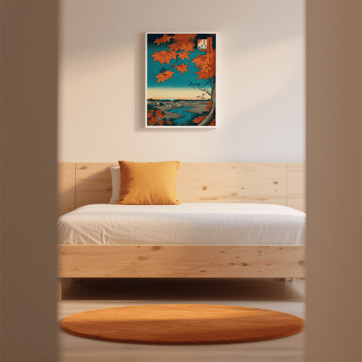 Japanese landscape art print with red maple leaves and blue sky above a wooden bed and orange cushion