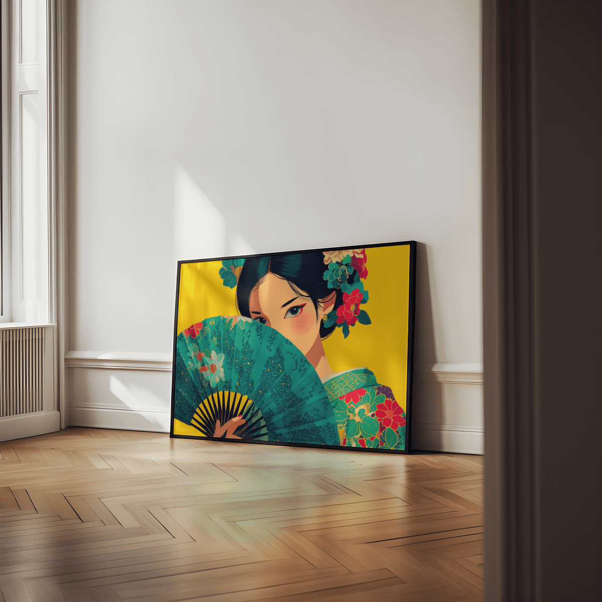 Print leaning on a floor showing Japanese geisha wall art with a blue fan and yellow background