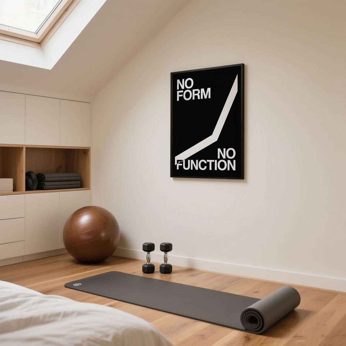 Workout Room Wall Art framed print with minimalist black and white typography above dumbbells