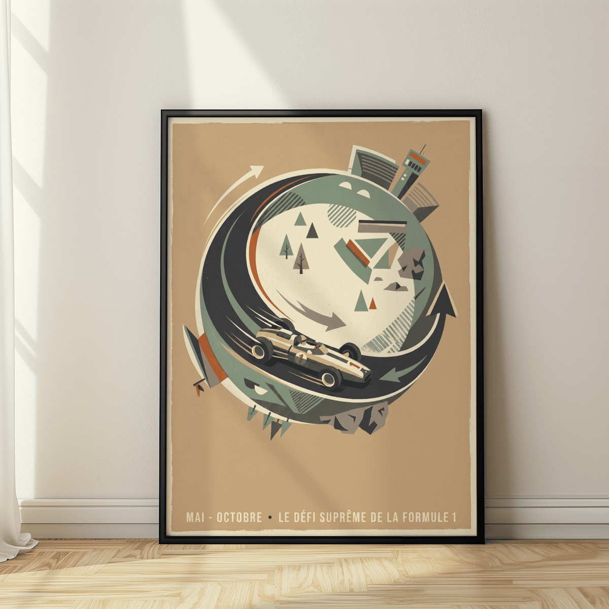 Single Seater Race Car wall art in retro style with muted green and brown tones leaning on a wooden floor