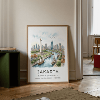 Jakarta City Art Print leaning on a wooden floor near a green shelf and window with light curtains