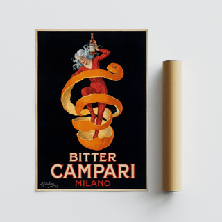 Flat vintage illustration poster of a woman with orange peel and an aperitif bottle next to a packaging tube