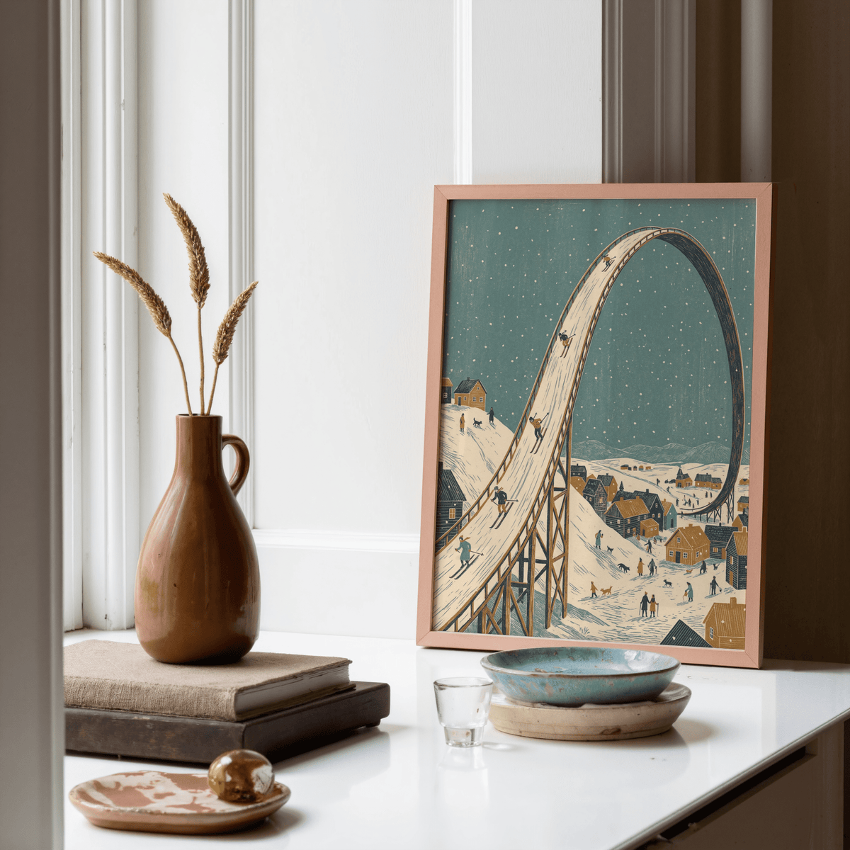 Framed Winter Skiing Art Print illustration of a ski slope loop with vintage colours by a window with a brown vase