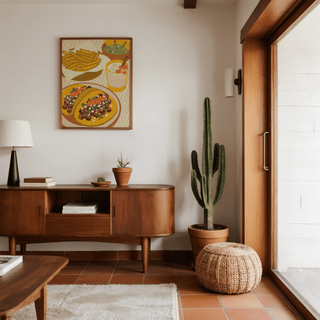 Mexican Cuisine Poster on wall above wooden sideboard with small plants in a room with terracotta floor