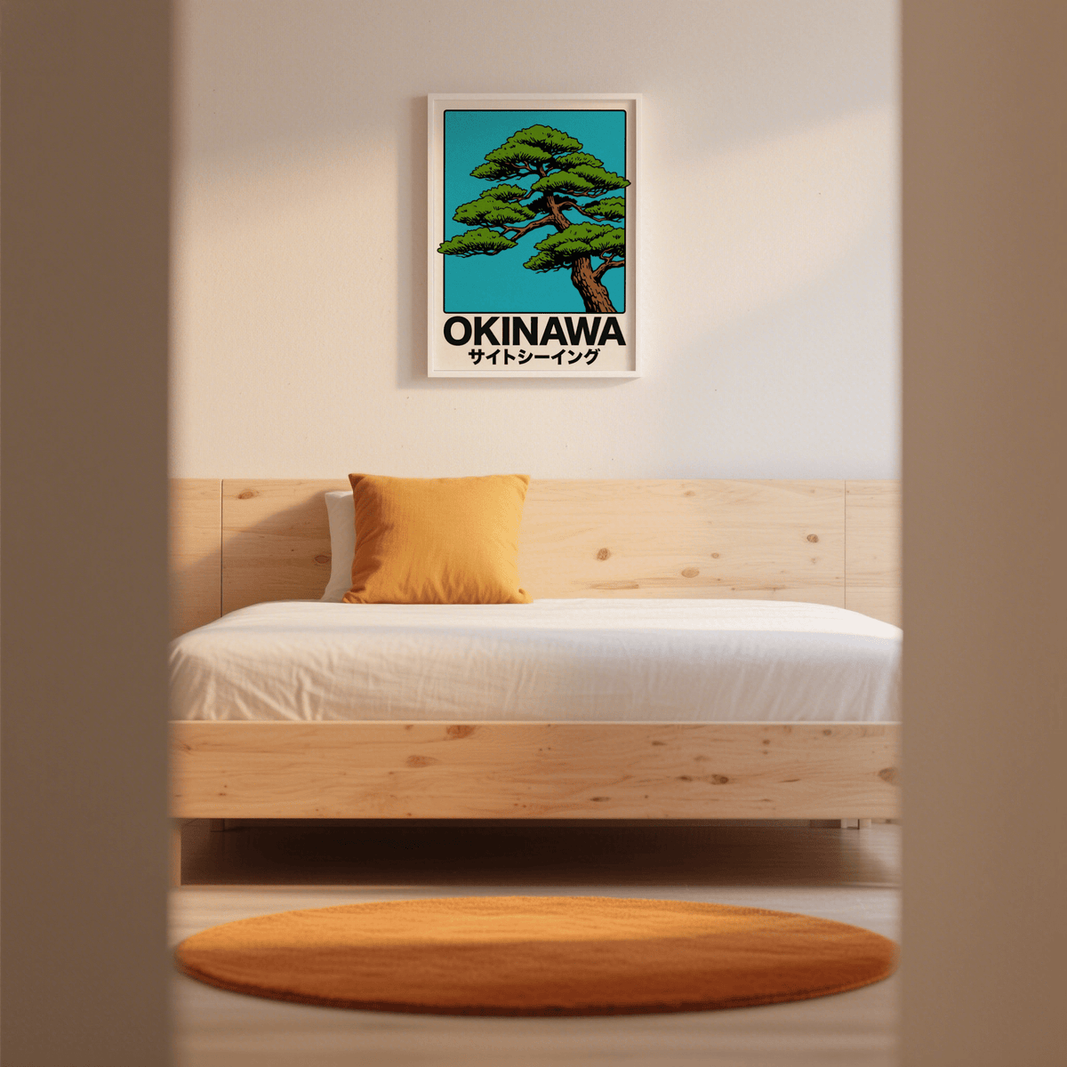 Japanese Tree Print hanging above a bed with an orange cushion and round orange rug in a bedroom