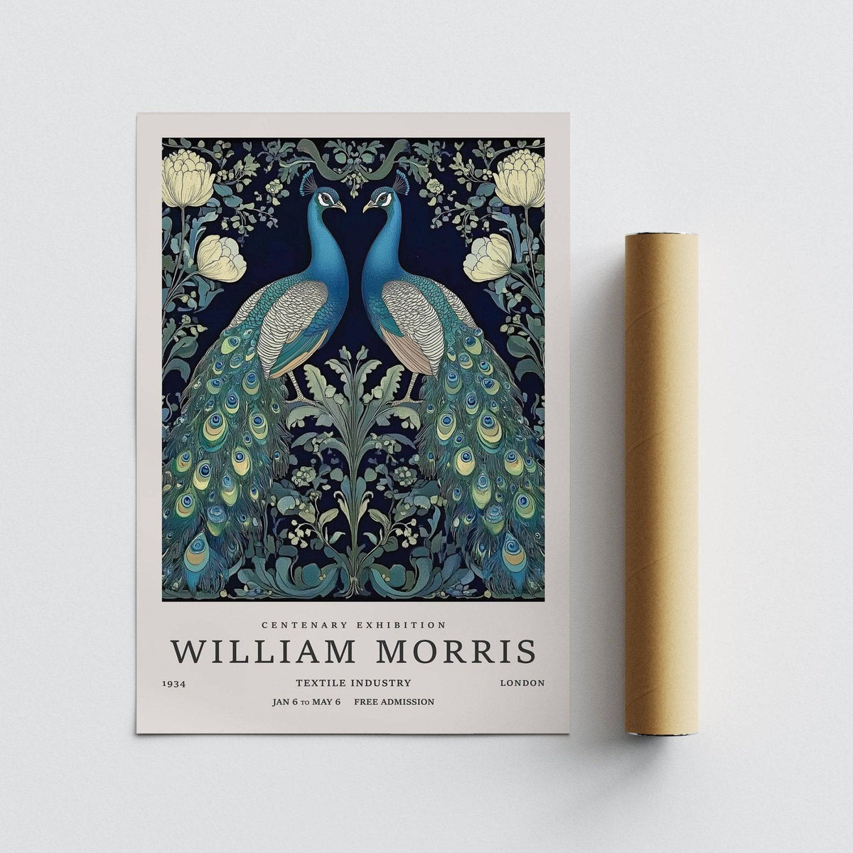 Large Peacock Wall Art print of two peacocks in blue and green tones with floral motifs and packaging tube