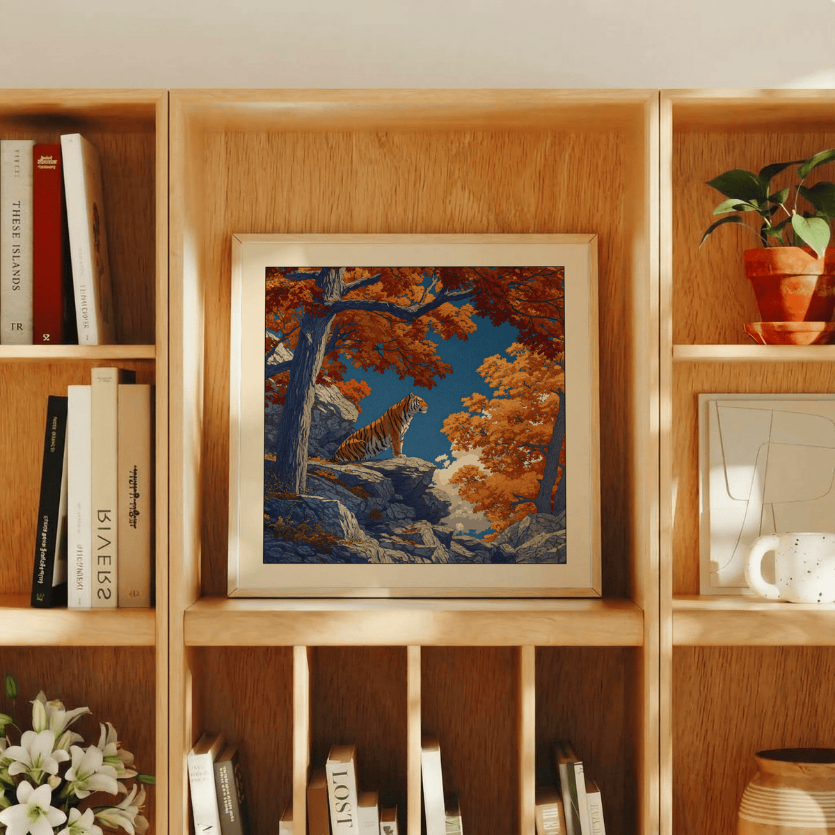 Hasui Kawase tiger art print leaning on a wooden shelf with books and plants
