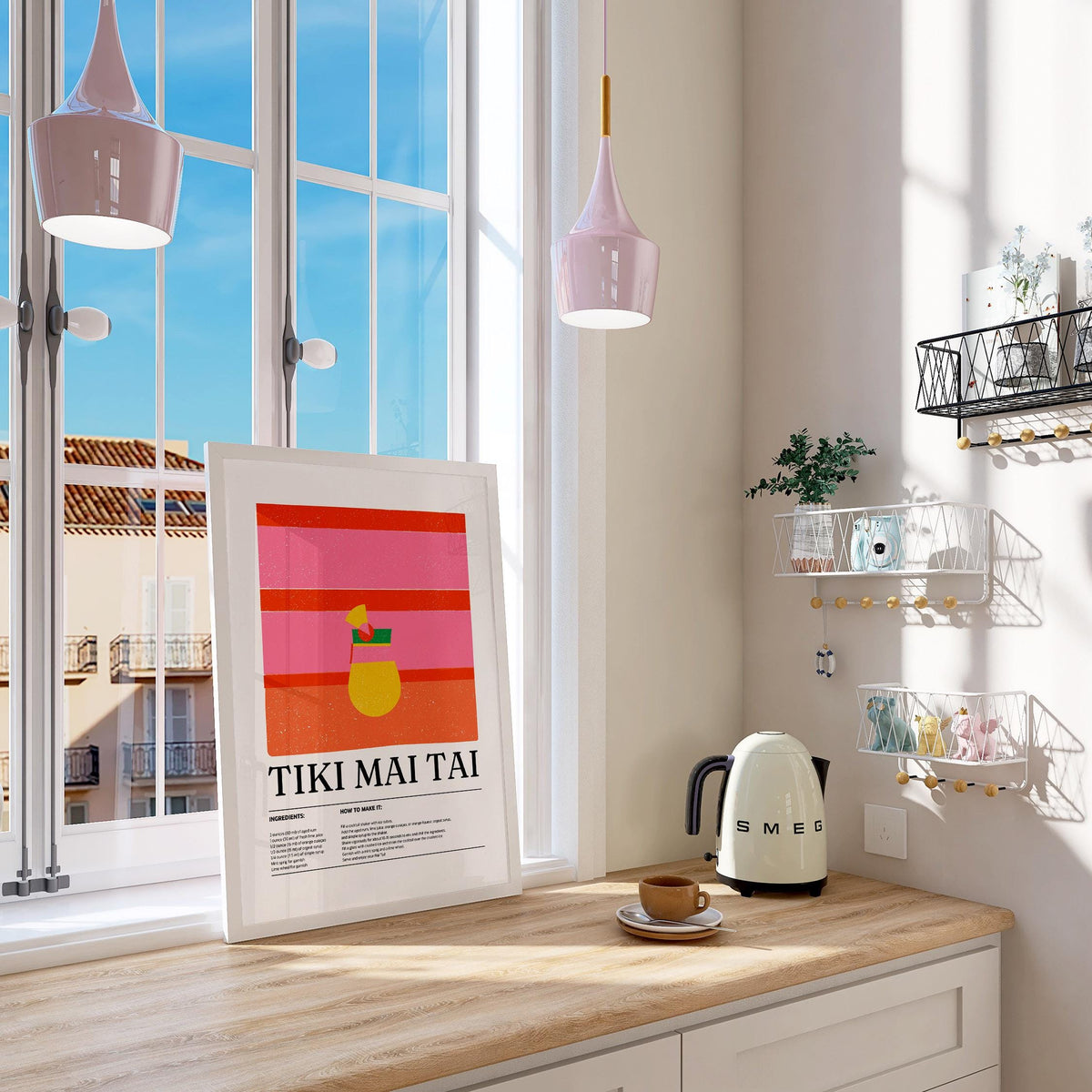 Bar wall art leaning on kitchen windowsill with kettle and cup nearby