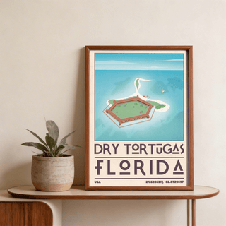 Framed Dry Tortugas National Park print with blue sea and green fort detail on a shelf with a plant
