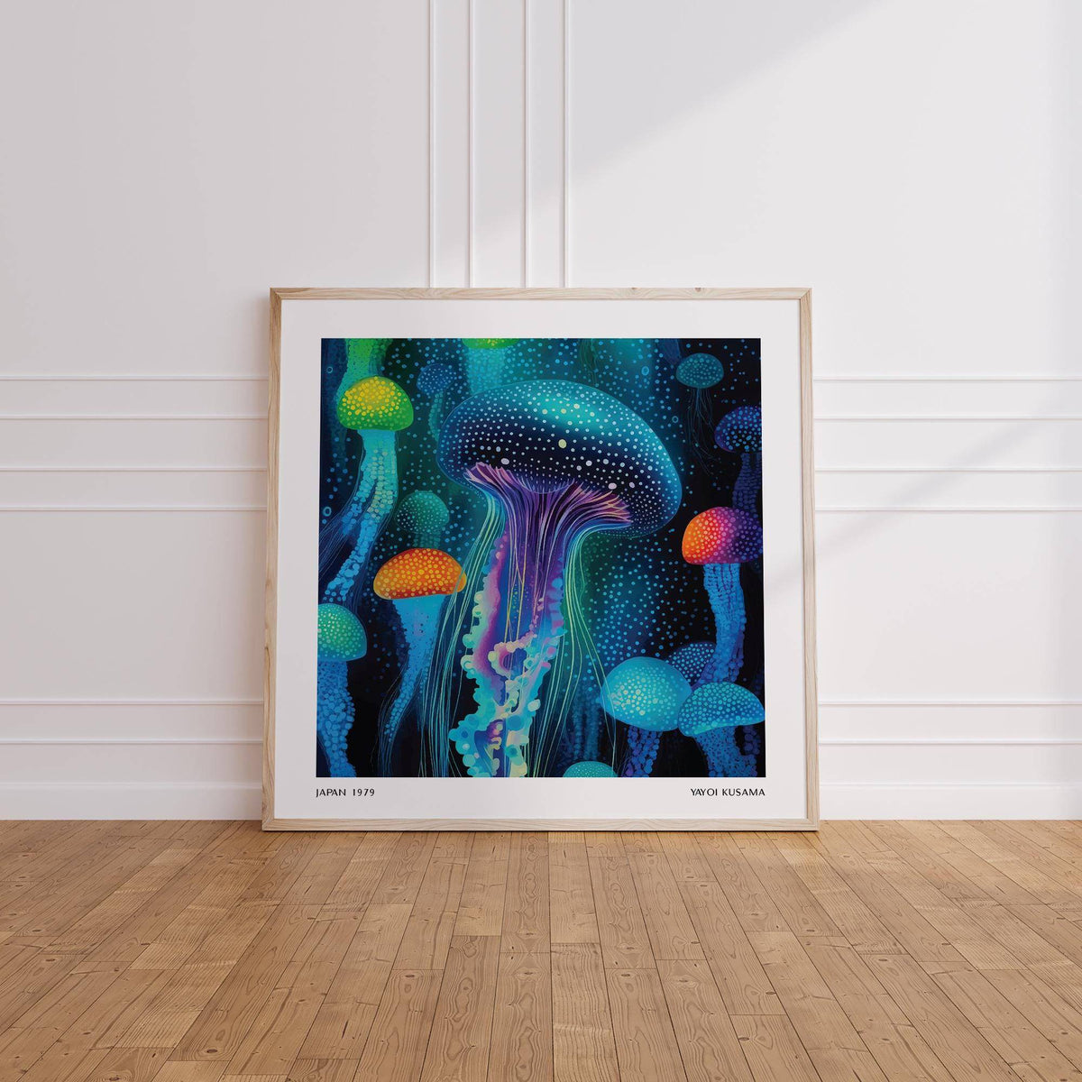 Jellyfish print leaning on the wooden floor with glowing blue and orange jellyfish