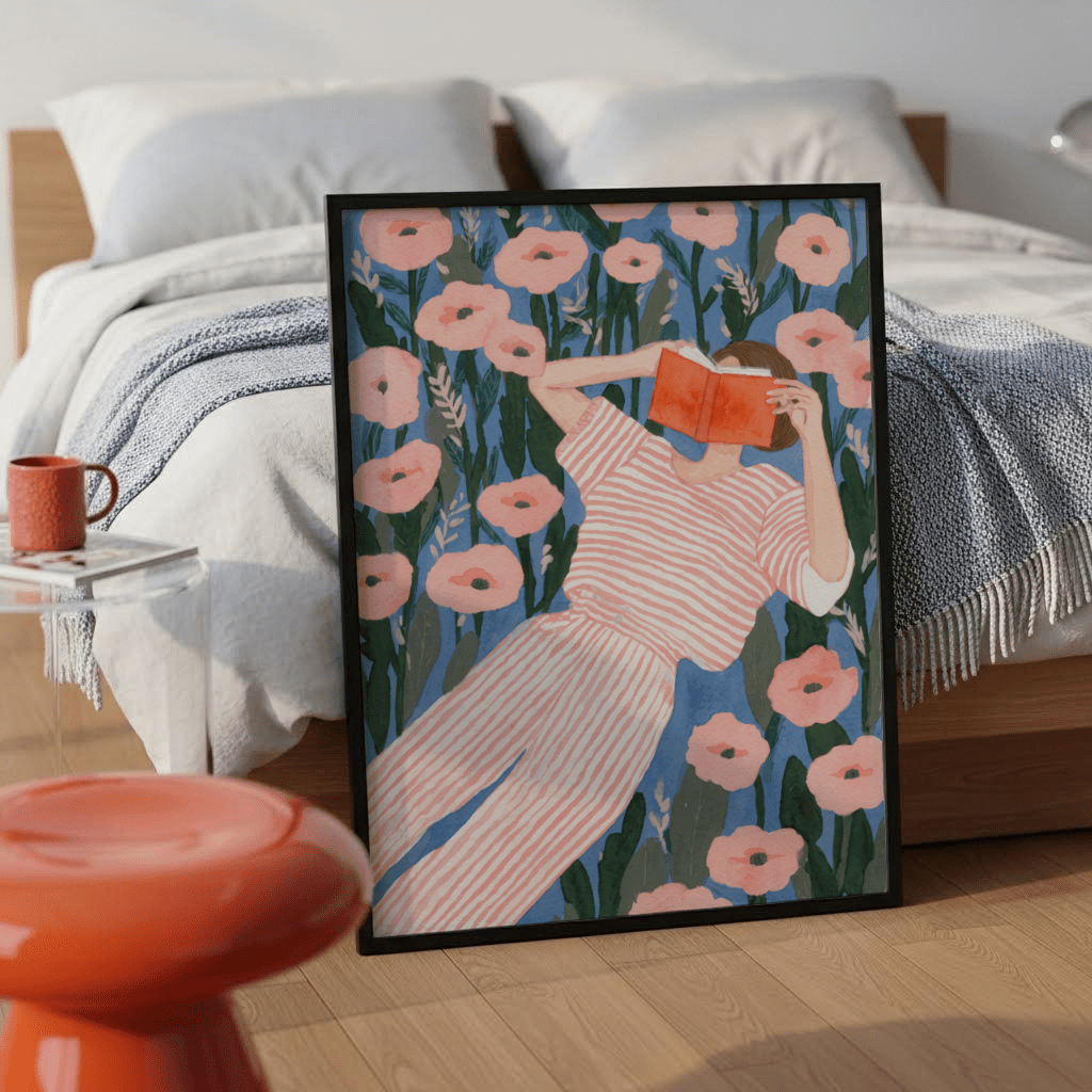 Print leaning on floor of woman reading art print with pink flowers and striped dress near orange stool