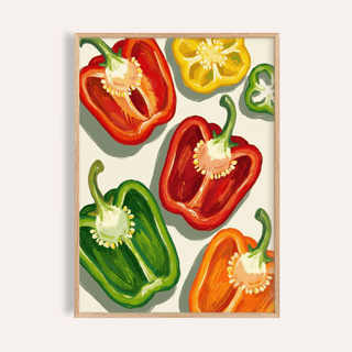 Bell Pepper Art featuring halved red green yellow and orange peppers illustrated in a contemporary style