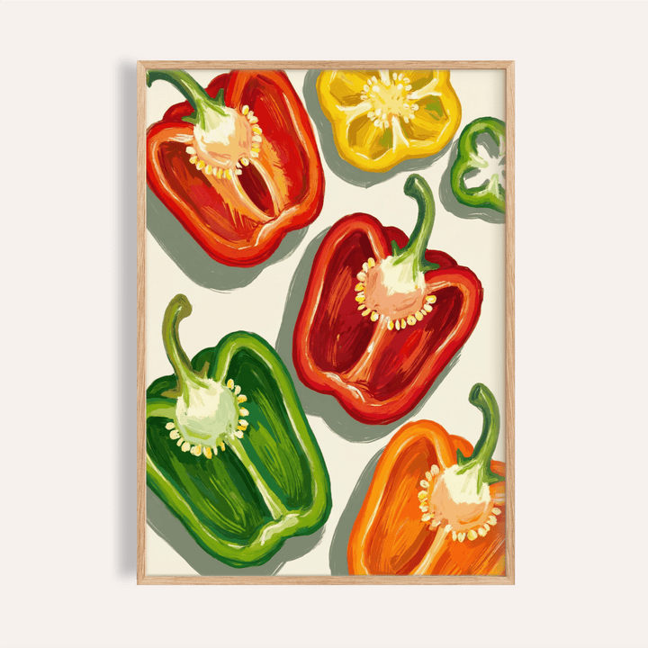 Bell Pepper Art featuring halved red green yellow and orange peppers illustrated in a contemporary style
