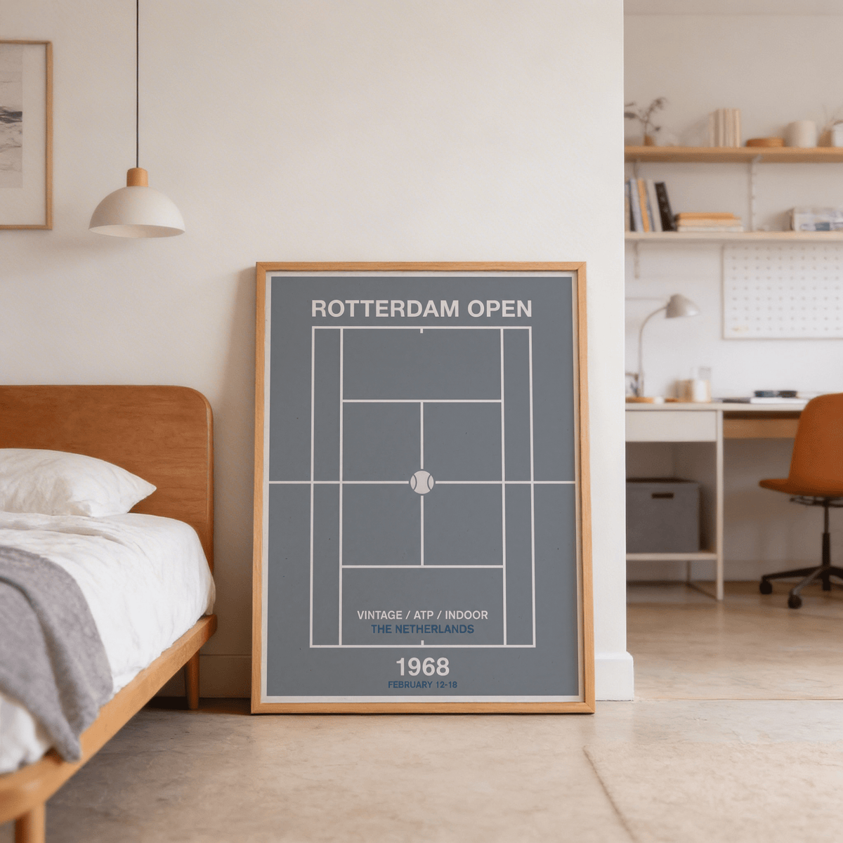 Rotterdam Open Poster leaning on bedroom floor showing retro tennis court diagram in grey and white