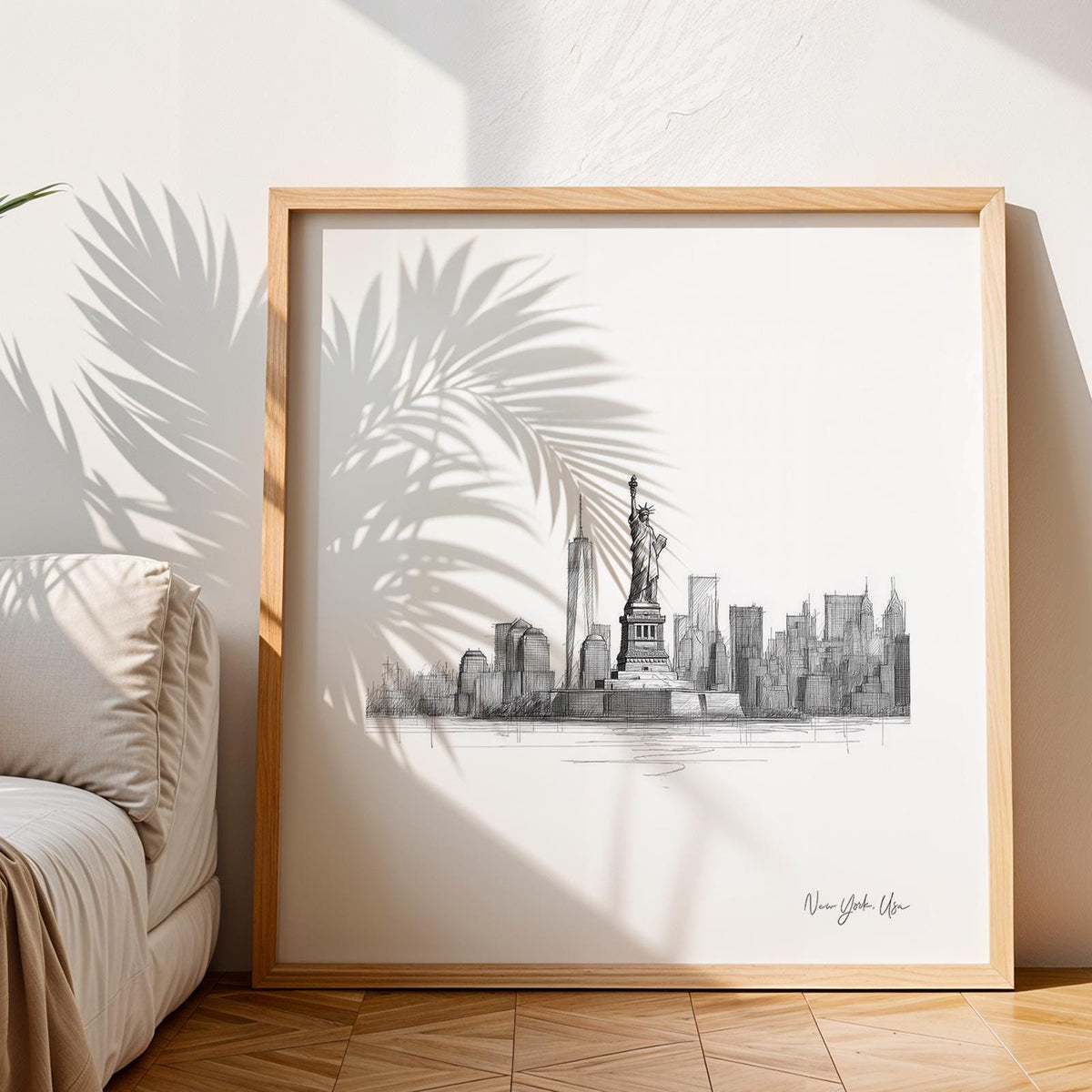 Framed close-up of Statue of Liberty Print in black and white with plant shadows and a cream sofa