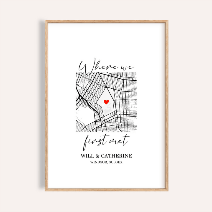 Heart on Map Print framed close-up showing a minimalist map sketch with a red heart