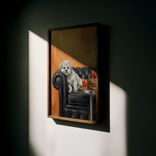 Dog with Human Face framed print showing a white dog on a black sofa with an orange background lit by side light