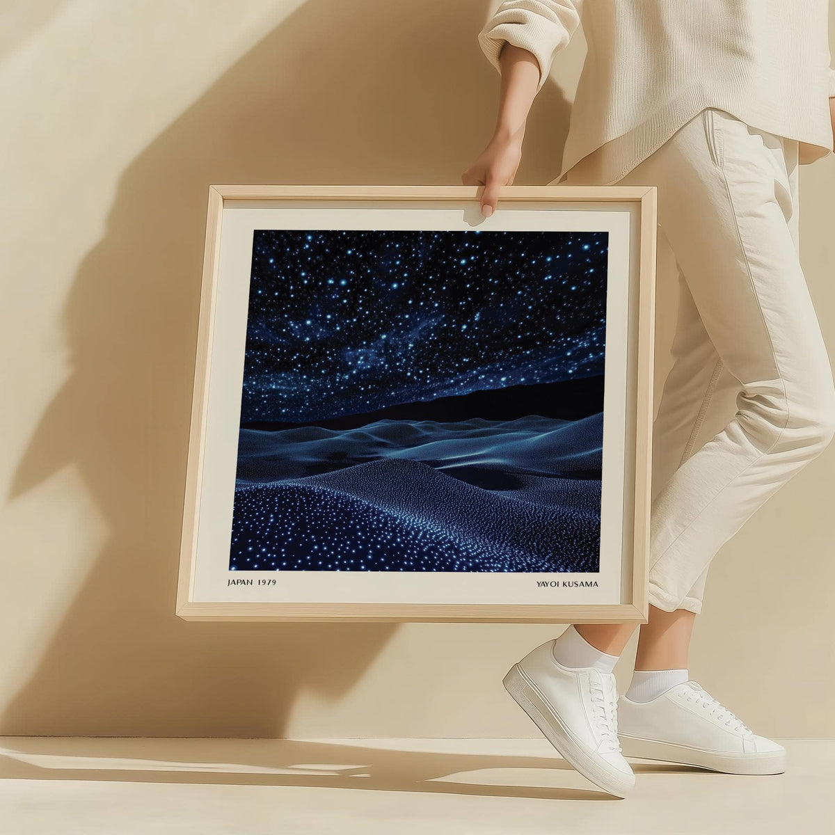 Navy Blue Artwork framed print held in hands showing starry night sky with textured landscape