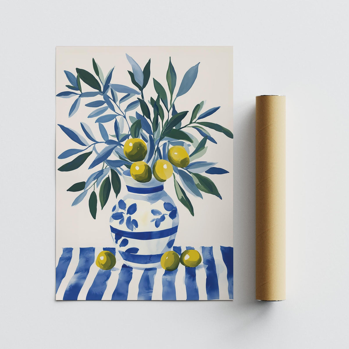 Mediterranean Olive wall art laid flat with a brown packaging tube and striped blue pattern