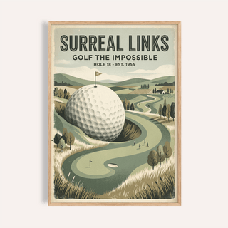 Framed Fantasy Golf wall art showing a giant golf ball surreal landscape in vintage colours