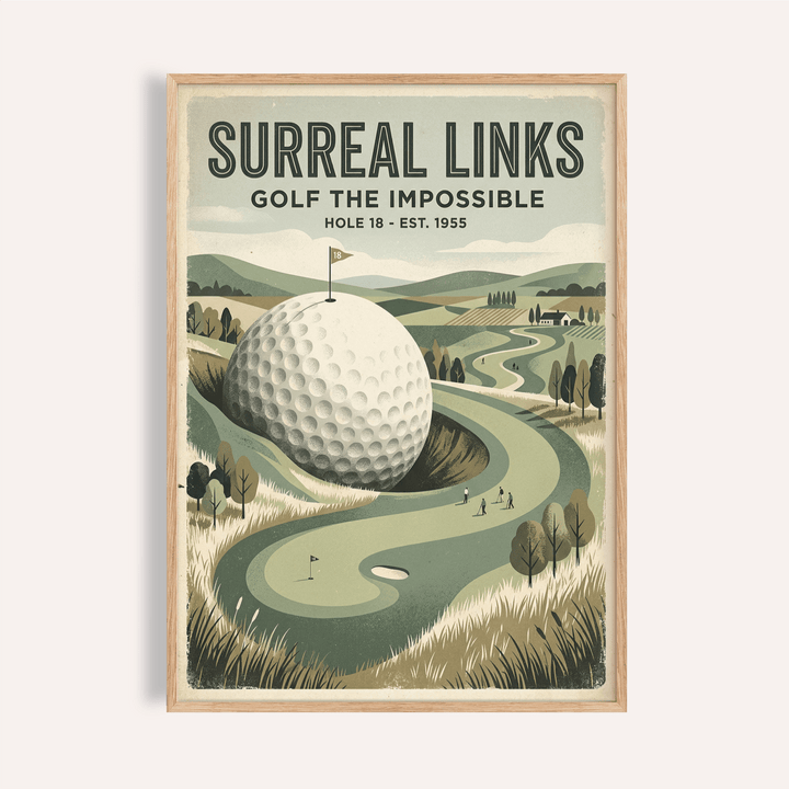 Framed Fantasy Golf wall art showing a giant golf ball surreal landscape in vintage colours