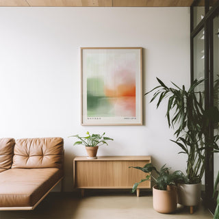 Peaceful wall art abstract sunset landscape in pastel tones in living room with plants