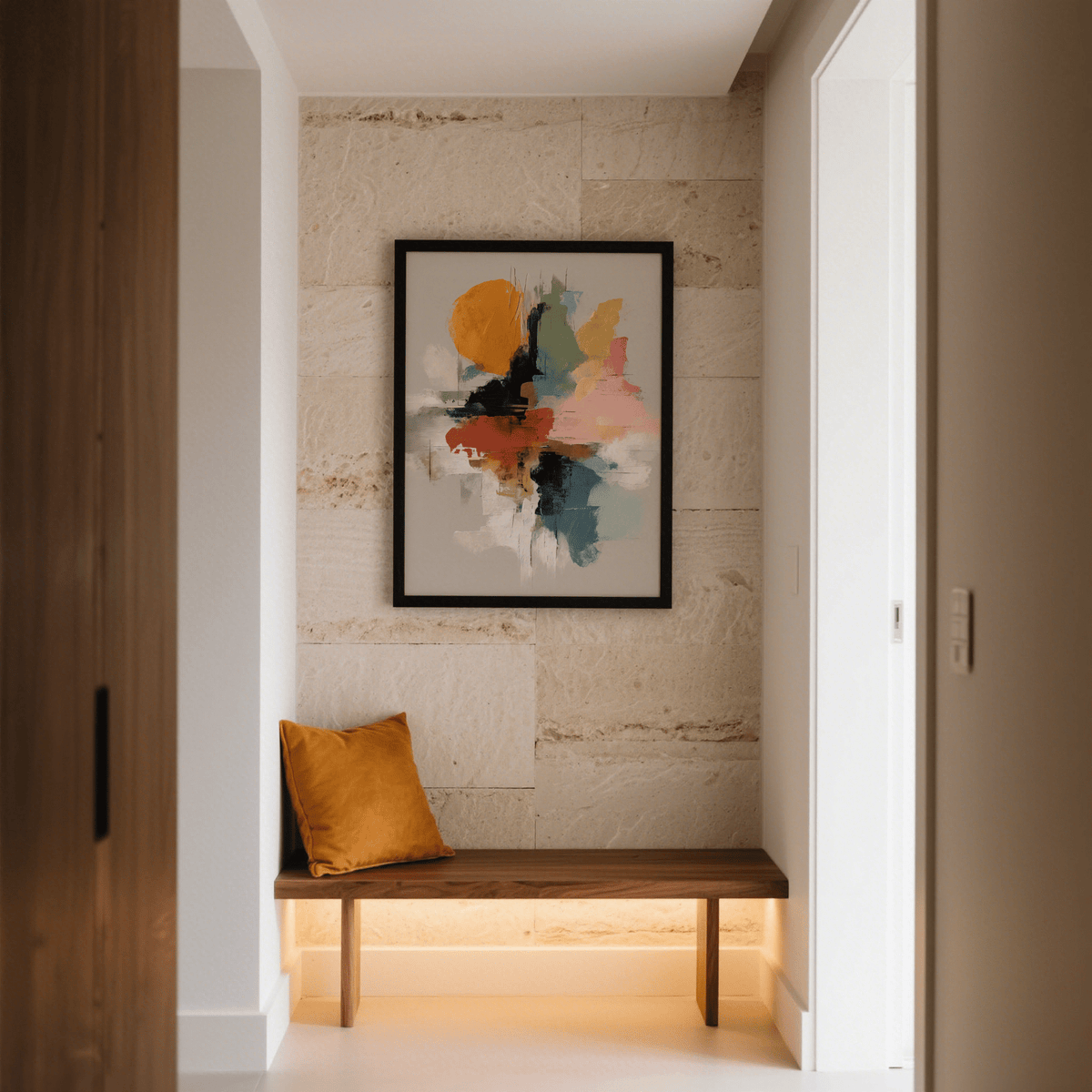 Colorful Abstract Art Print with orange and pink brushwork above a wooden bench with a mustard cushion