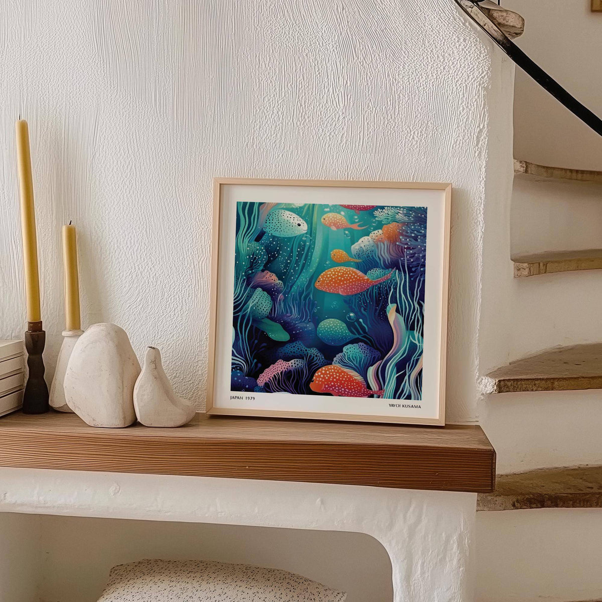 Underwater artwork leaning on a shelf with colourful spotted fish and seaweed with candles nearby