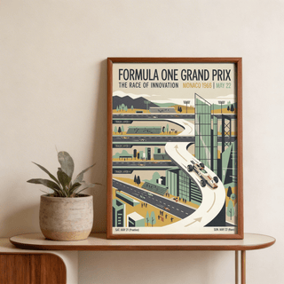 Wide view of racing wall art print with multiple track sections, grandstands, and spectator silhouettes
