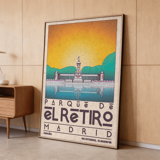 Framed Madrid Landscape Poster showing a retro illustration of a retirement park monument with a yellow sky and teal trees
