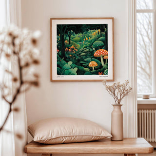 Enchanted Forest wall art of colourful mushrooms on a wall above a wooden table and vase