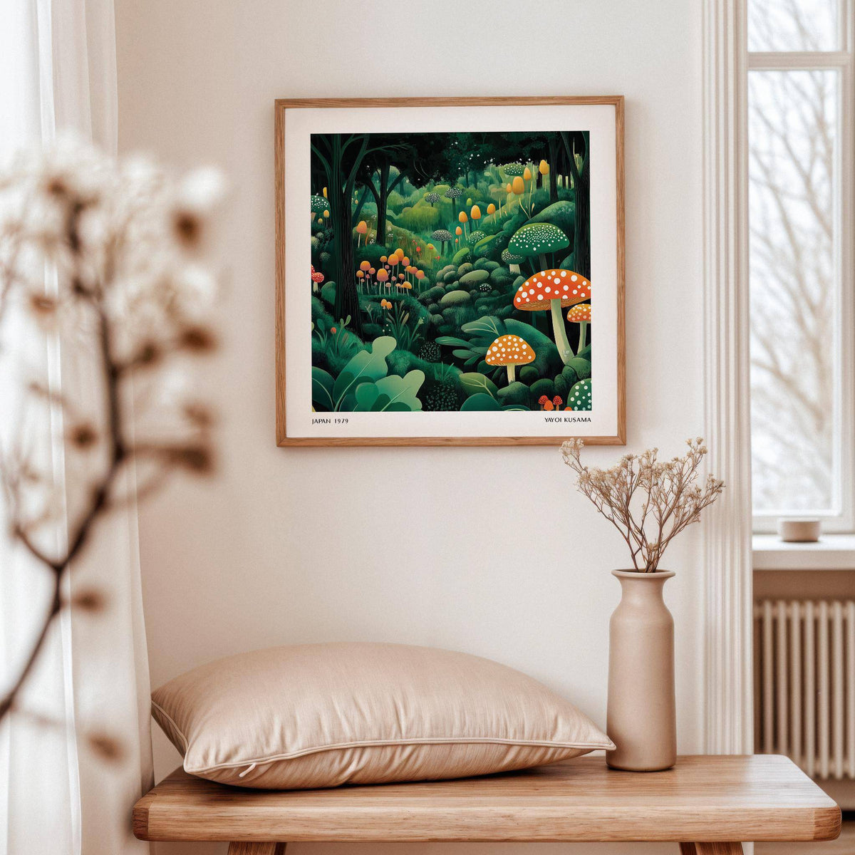 Enchanted Forest wall art of colourful mushrooms on a wall above a wooden table and vase