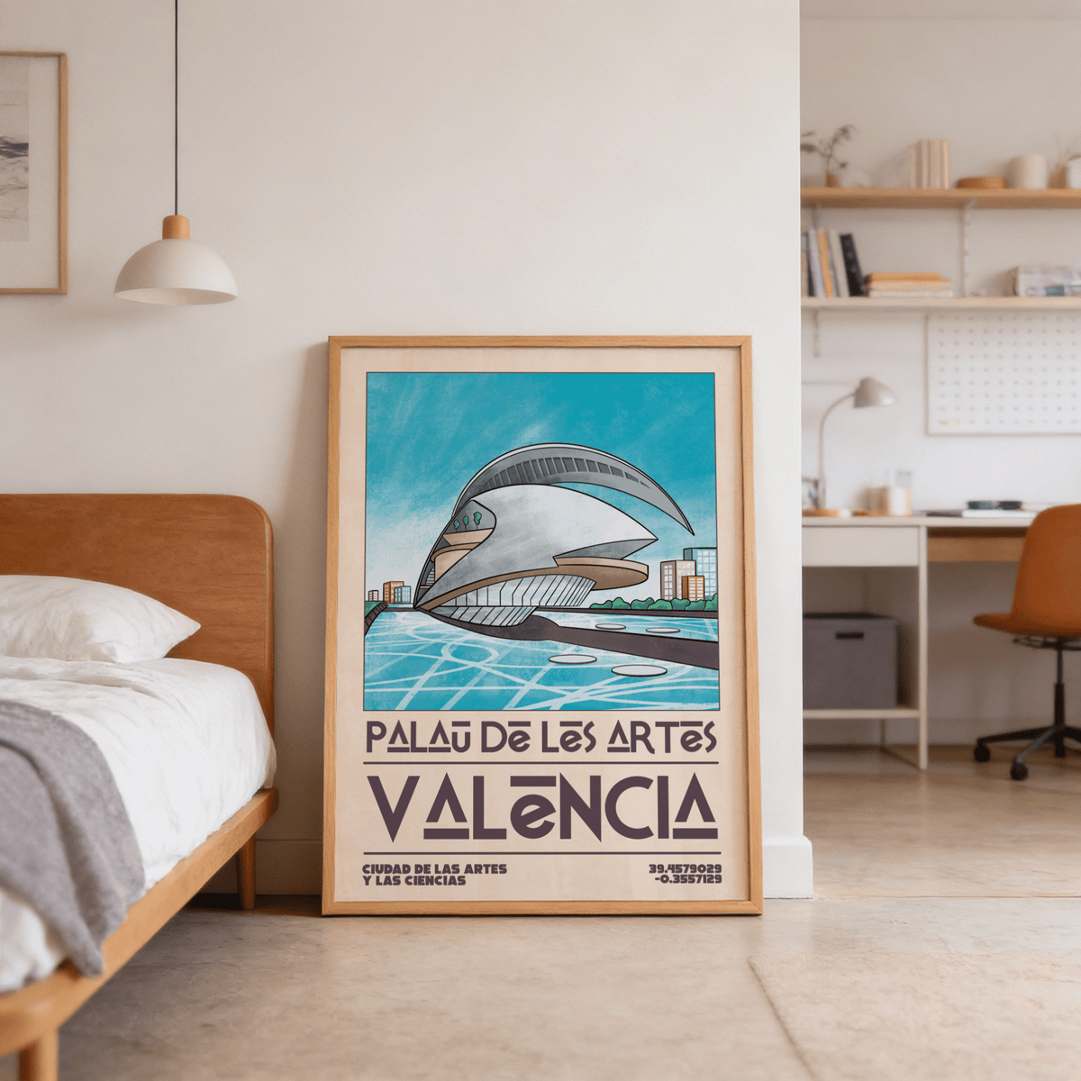 Valencia Architecture Print leaning on floor near bed with blue and beige illustration of Palau de les Arts building