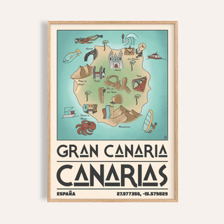 Gran Canaria Art Print framed close-up of illustrated island map with turquoise background on cream wall