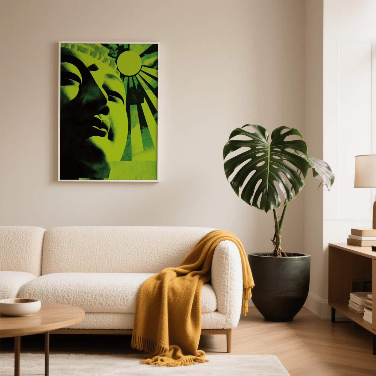 Zen Face wall art of a green and black minimalist buddha face above a cream sofa with a mustard throw