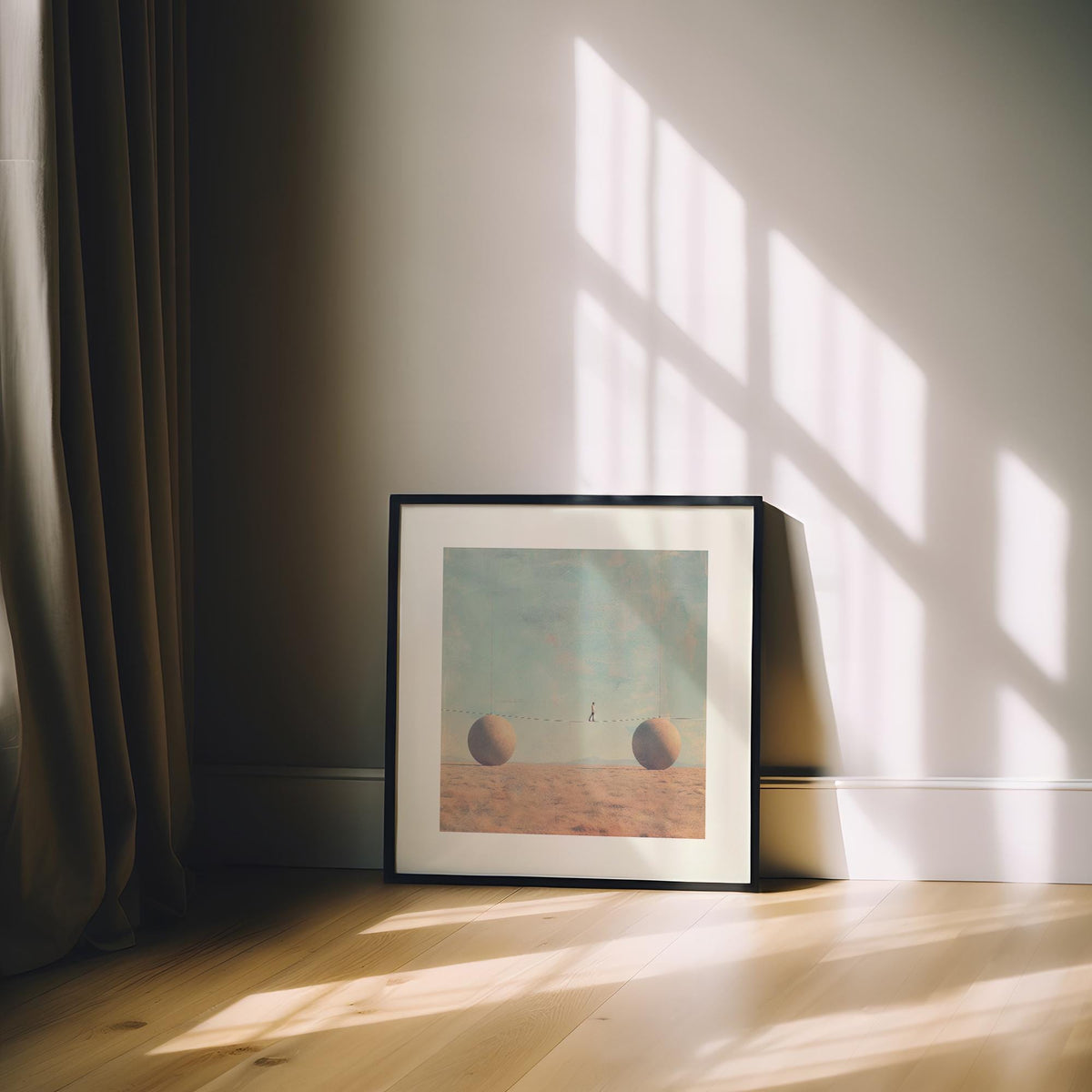 Framed print of surreal art for sale showing a man walking a tightrope between two large spheres in muted tones