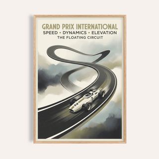 Framed print close-up of vintage race car on a floating circuit in grey and beige tones