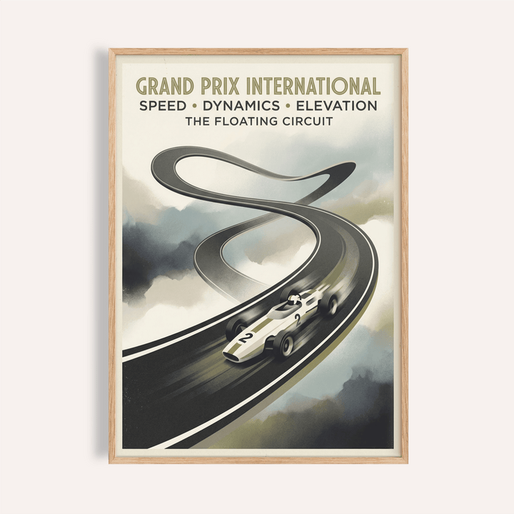 Framed print close-up of vintage race car on a floating circuit in grey and beige tones