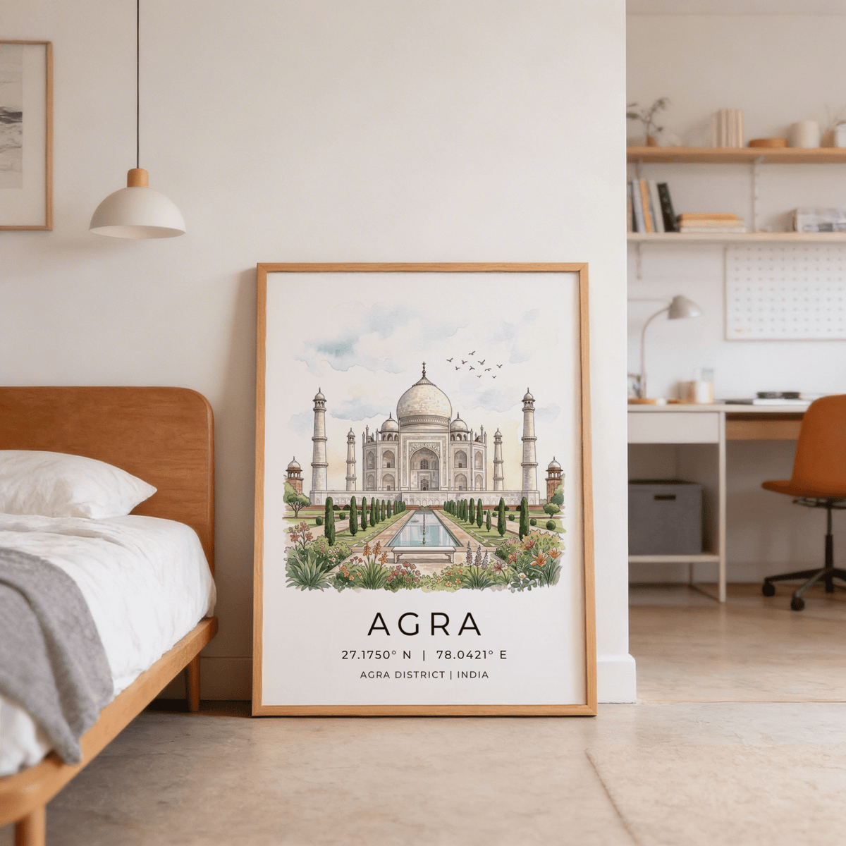 Agra Historical Poster leaning against the wall with a detailed Taj Mahal in watercolour and earthy tones next to a wooden bed