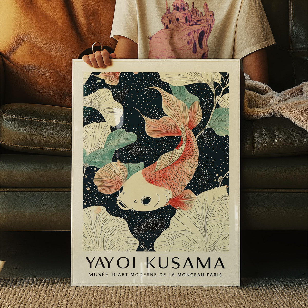Framed Koi Carp wall art with orange and white fish and green leaves held on a dark sofa