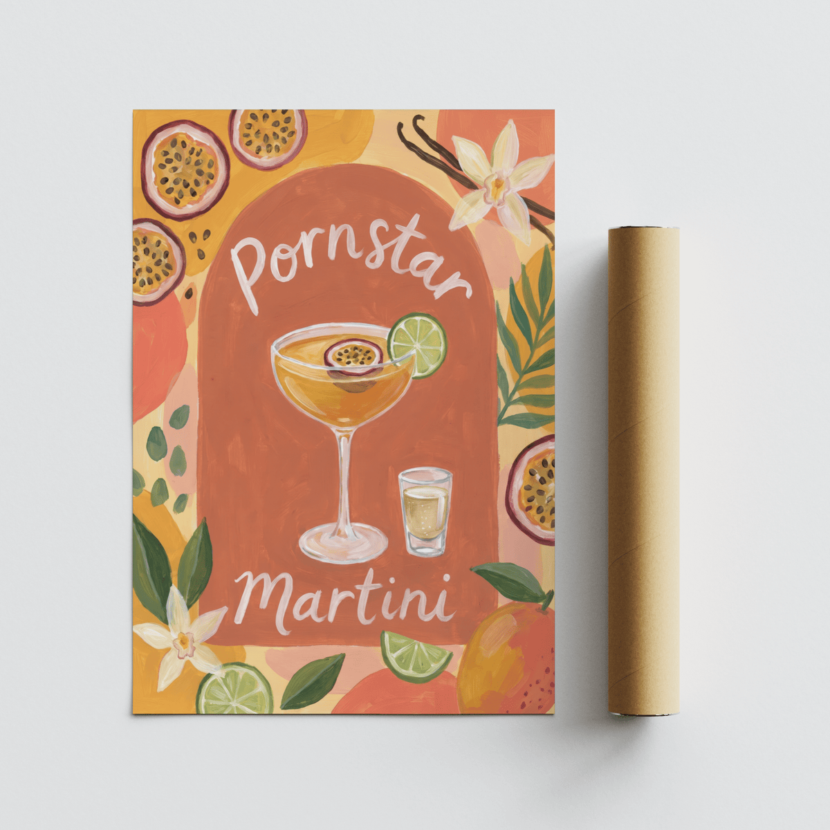 Passion Fruit Martini Poster next to a brown packaging tube on a white surface