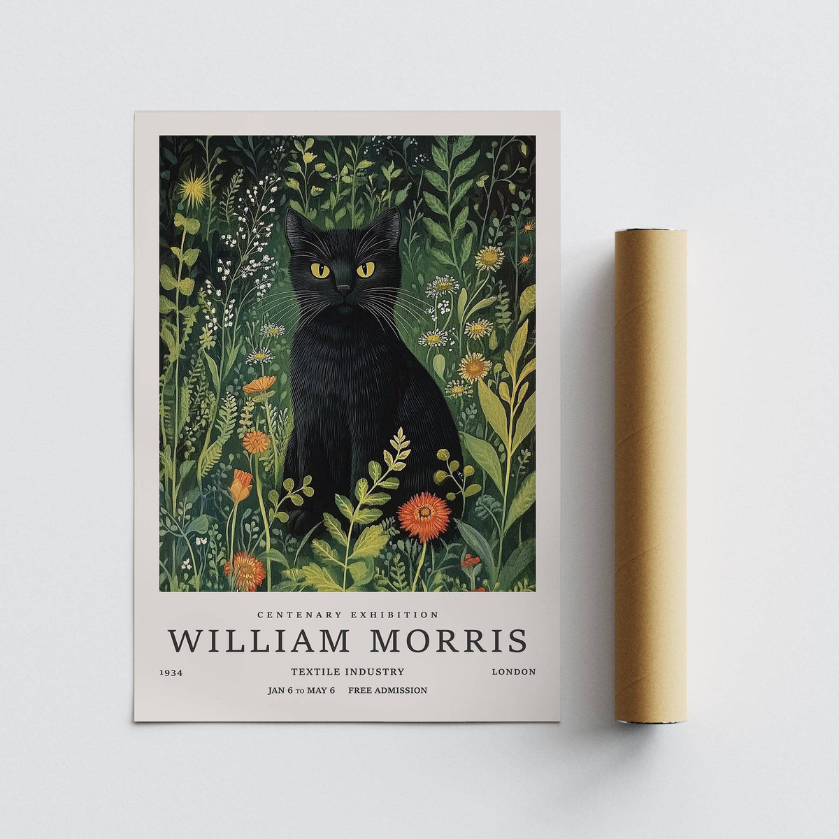 Cat lovers' vintage cat art with lush botanical surroundings