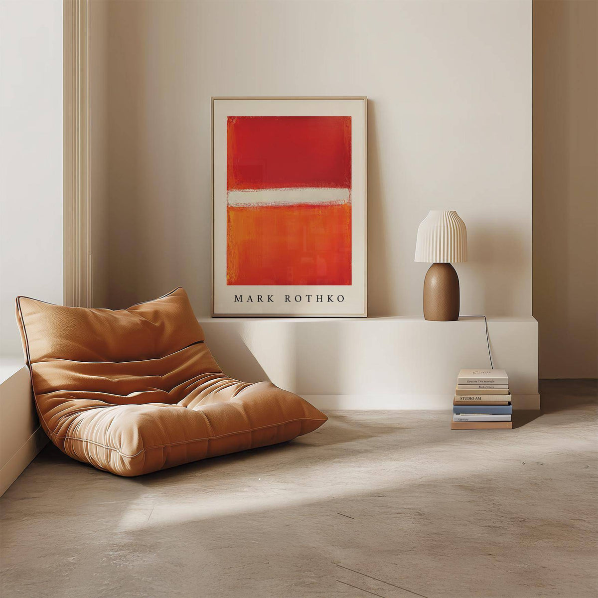 Orange Abstract Art print leaning on a shelf with a brown vase and lamp beside it
