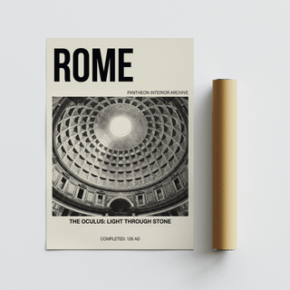 Pantheon Interior Poster flat print of the dome with oculus and text beside a brown packaging tube
